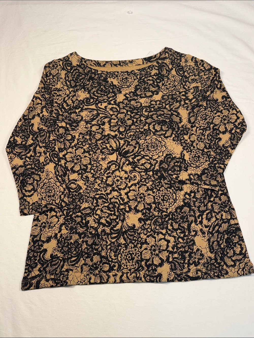 Chico's W8 Delicate Floral Piper Boat NK 3/4 SLV Arabian Camel Blk & Tan NWT